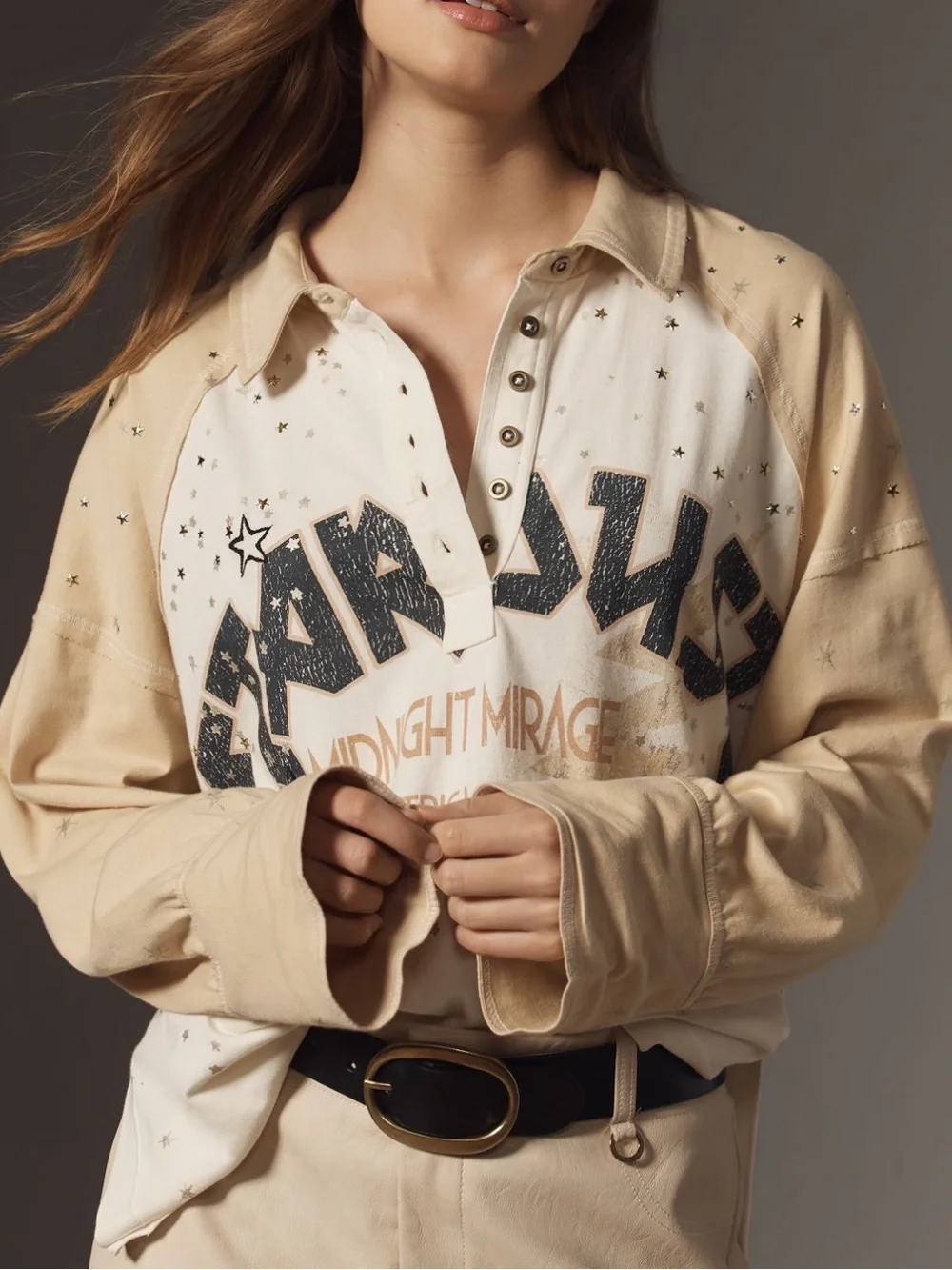 Anthropologie Pilcro Long Sleeve Stardust Graphic Henley Top Size Medium - Picture 7 of 16